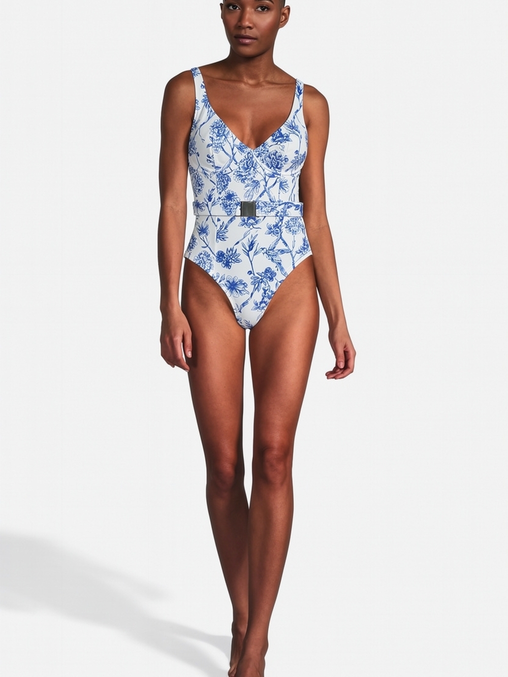 NWT Hutch Blue Ink Chinoserie Print Bustier Belted One-Piece Swimsuit Size S
